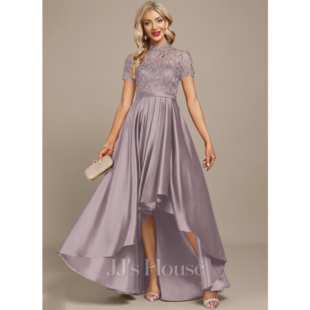 JJ's House A-line High Neck Illusion Asymmetrical Satin Lace Cocktail Dress 8